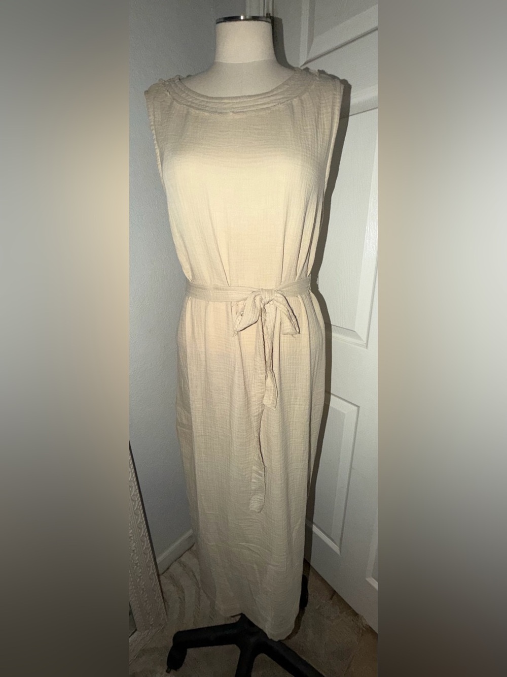 Grade & Gather Sleeveless Cream Tie-Belt Maxi Dress
